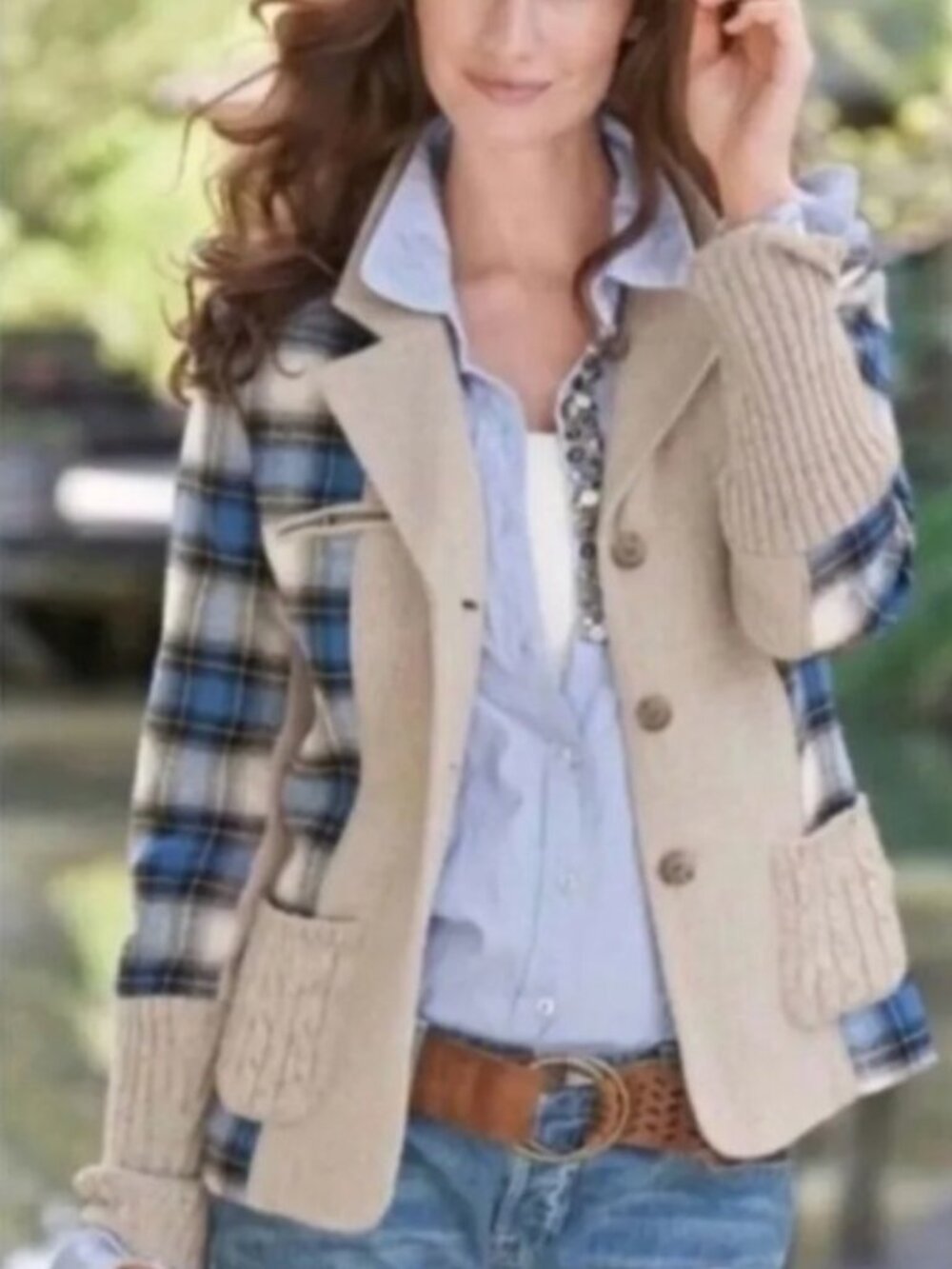 Sundance Mixed Media Blue Plaid Wool Cable Knit Patch Pocket Blazer Sz 16